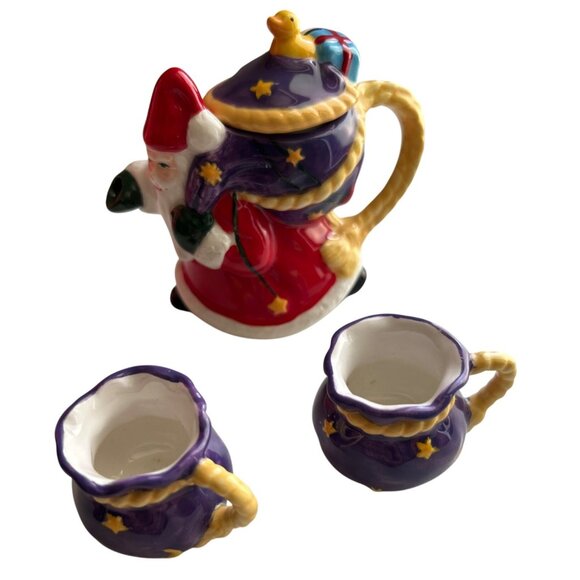 Vintage Enesco Mary Engelbreit Believe Mini Teapot & Cups Collectible Set Santa - Picture 2 of 11